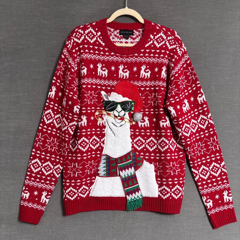 Blizzard Bay Sweater L Red Llama Sequin Ugly Christmas Fair Isle Knit Funny